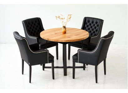 Modern dining room furniture: elegant round wooden table + 6 Chesterfield leather chairs, 7-piece set.
